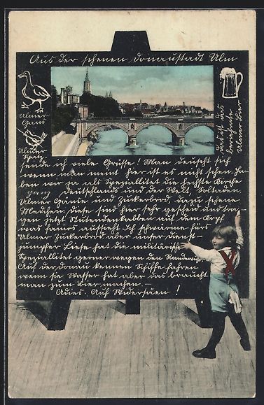 Cartoline postali: Schultafel-AK Ulm / Donau, Teilansicht v – Usato da Berlin venduto da bartko-reher
