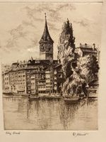 Zürich St Peter Org. Radierung von Meier