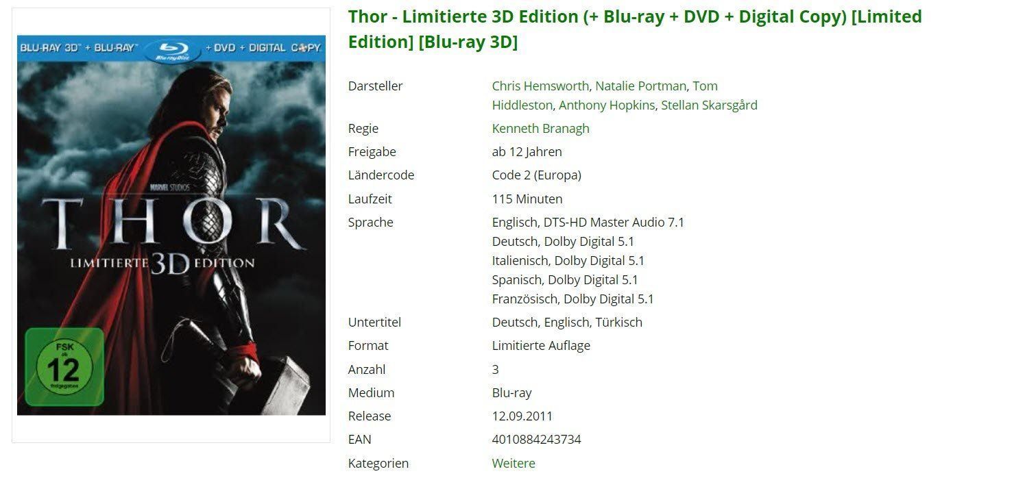 Tutti i DVDs: Thor - Limitierte 3D Edition – Usato da Buchrain venduto da Sssschaller