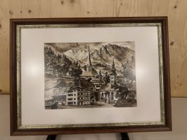 Schöne Sepia Zeichnung mit Rahmen, St.Anton am Arlberg.
