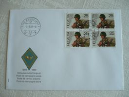 1989 FDC 100 Jahre Feldpost, Brugg, 4er-Bl. SBK 770
