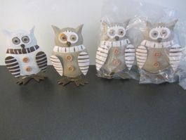 4 Blech-Eulen, ca. 9 cm