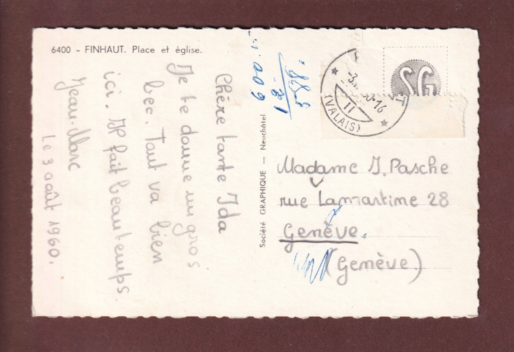 Cartoline postali: FINHAUT - Place et Eglise - 1960 – Usato da Pully venduto da nicecards 1