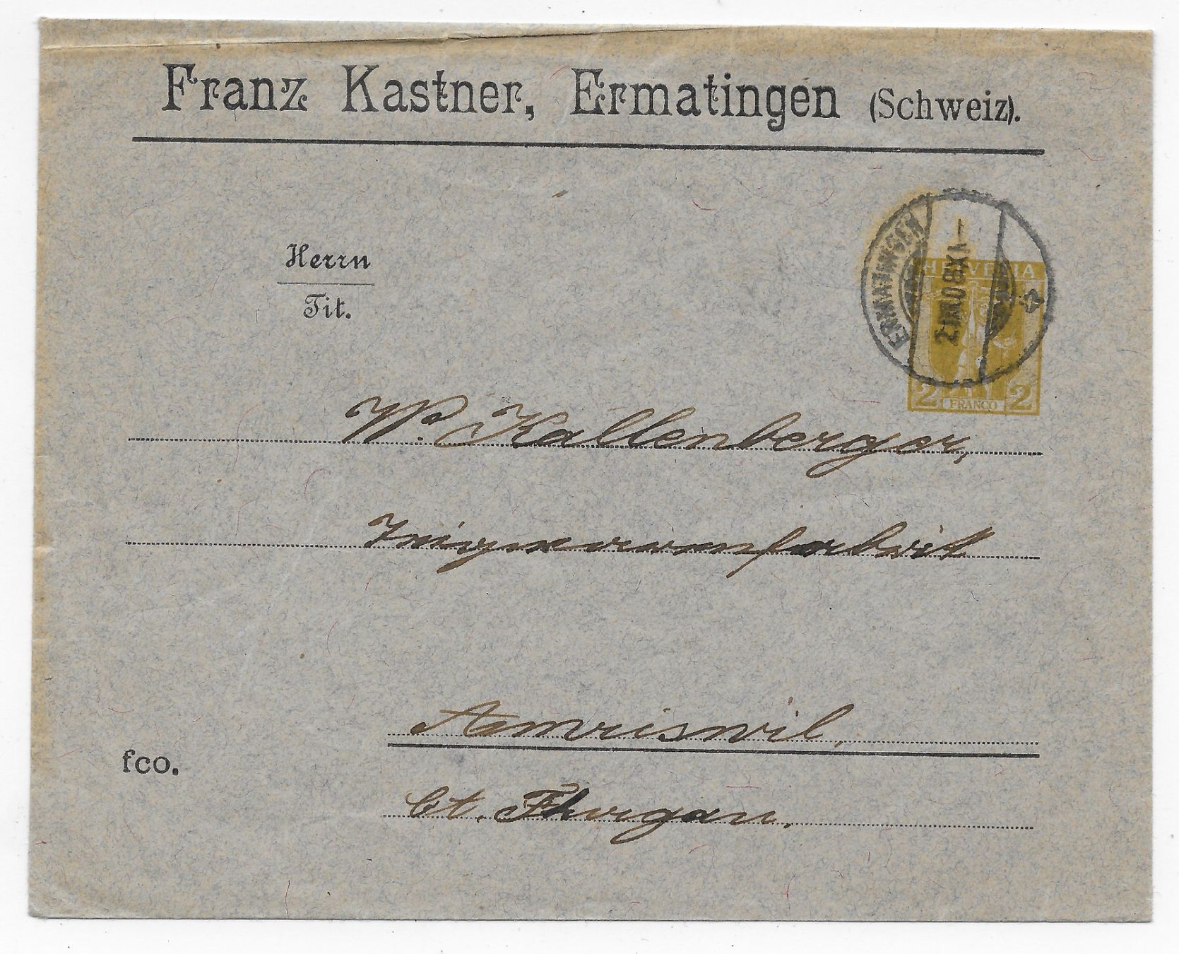 Tutti i francobolli: GS, Franz Kastner, Ermatingen  1908 – Usato da Hefenhofen venduto da Richsalz