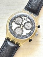 Swatch Chronograph Transparent Gehaeuse Lederband Schwarz gu