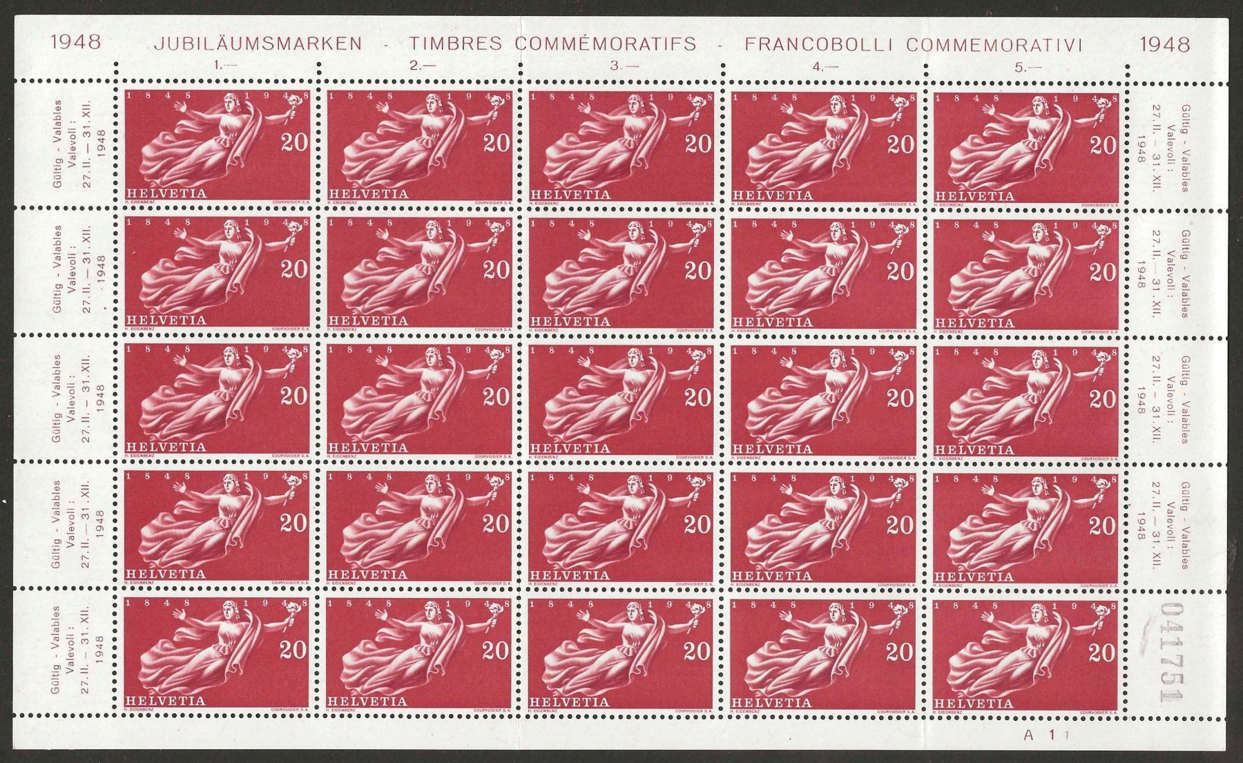 Tutti i francobolli: 1948 : Serie Nr. 281 - 284 im Bogen, postfrisch ** – Nuovo (secondo la descrizione) da Gümligen venduto da Geniusbuy 1