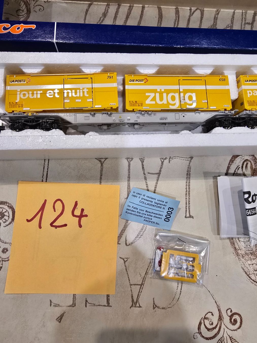 Roco Modellini di ferrovie: ROCO 66564 Container Doppeltragwagen, AAE, Schweizer Post, O – Nuovo (secondo la descrizione) da Mauren TG venduto da Defrancesco 2
