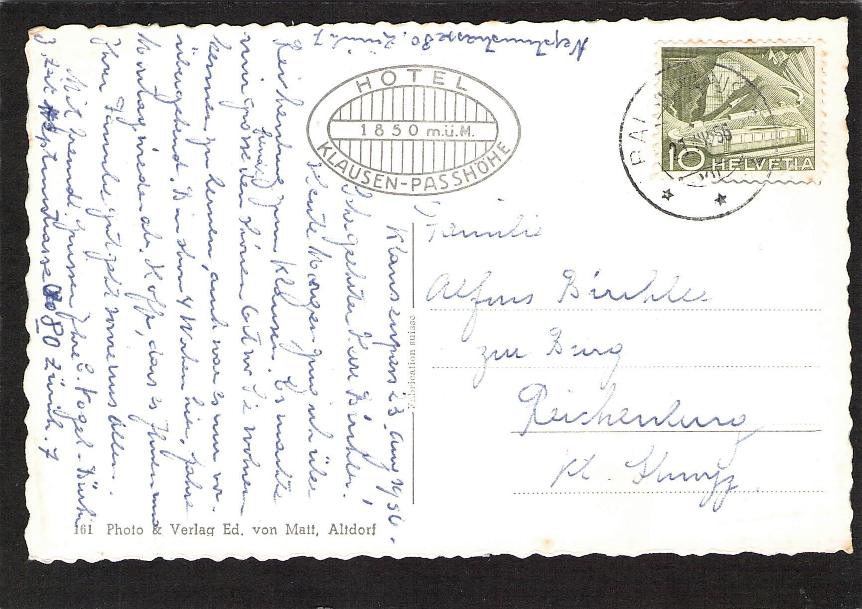 Ansichtskarten: Hotel Klausen - Passhöhe , Postauto , gel. 1956 – Gebraucht aus Reichenburg von Pipo-67 1