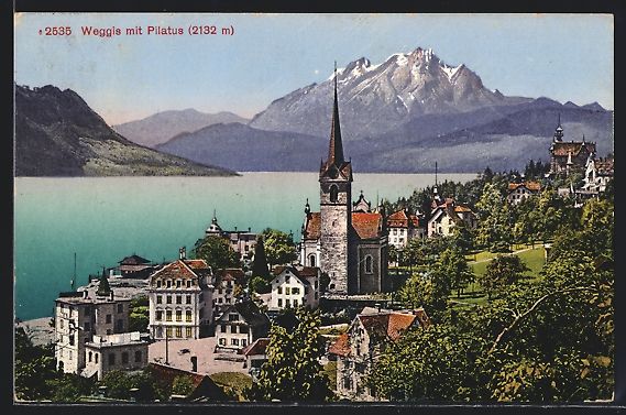 Cartoline postali: Weggis, Teilansicht mit Blick zum Pilatu – Usato da Berlin venduto da bartko-reher