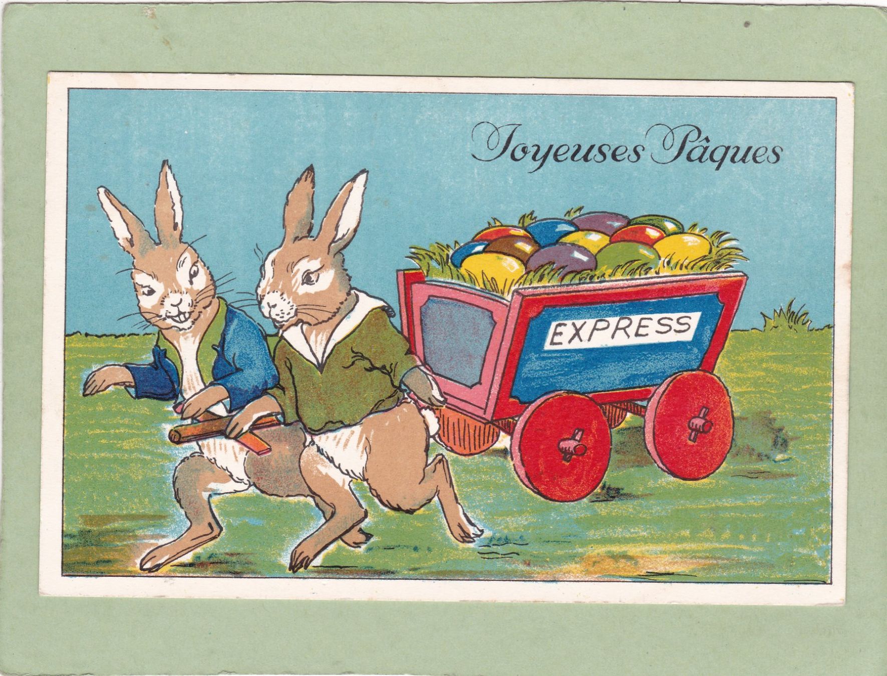 Cartoline postali: Kitsch Hasen mit Eier Wagen Joyeuses Pâques 1936 – Usato da Herisau venduto da Lisegrat2008