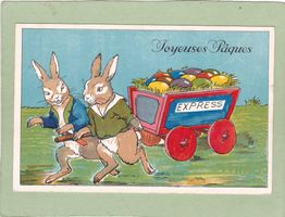Kitsch Hasen mit Eier Wagen Joyeuses Pâques 1936