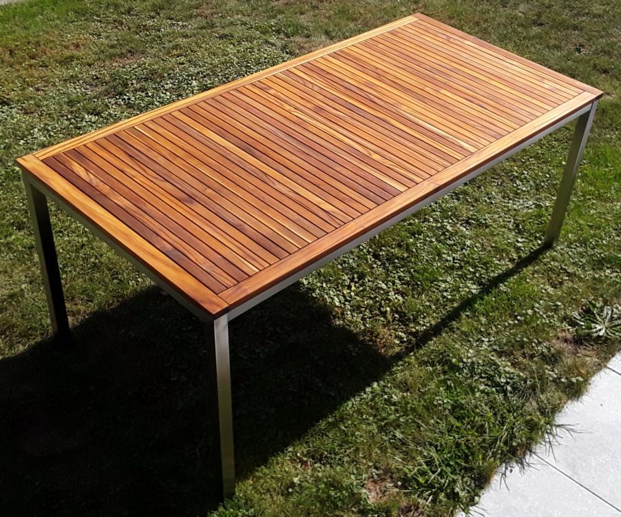 Grosser Gartentisch Teak Holz mit Edelstahl Gestell 90 x 180 Kaufen