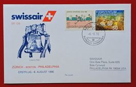 LIECHTENSTEIN SWISSAIR FLUGPOST ZHR PHILADELPHIA USA 1990