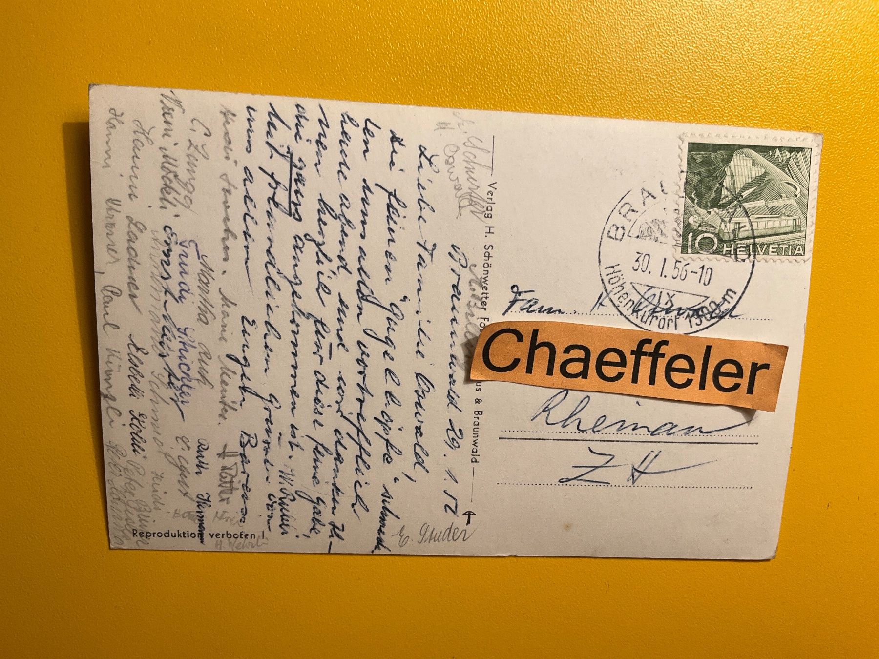 Cartoline postali: 1956 Braunwald – Usato da Zürich venduto da Chaeffeler 1