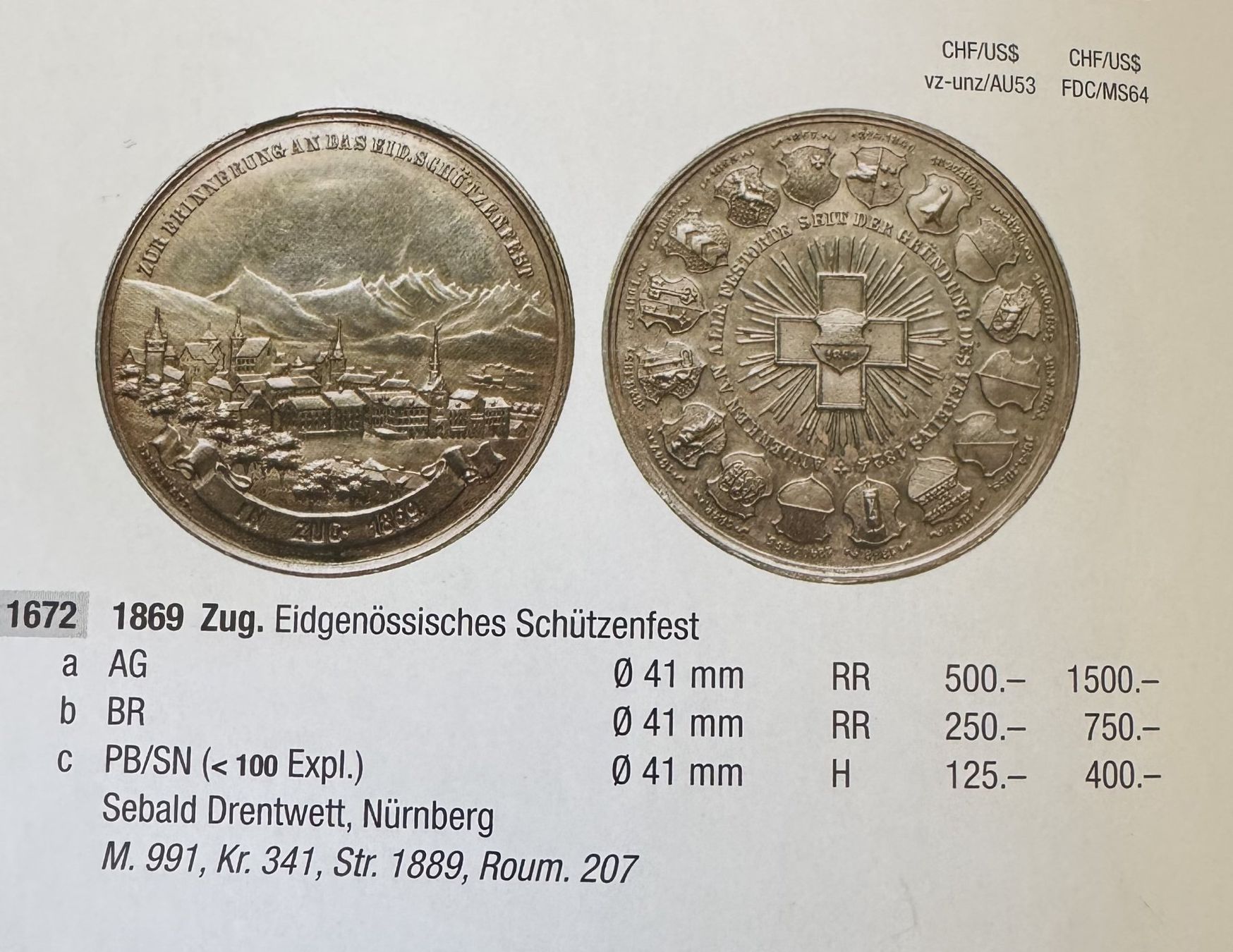 Médailles: 1869 Eidg. Schützenfest Zug – D'occasion à Kirchberg SG par Helveticus00 2