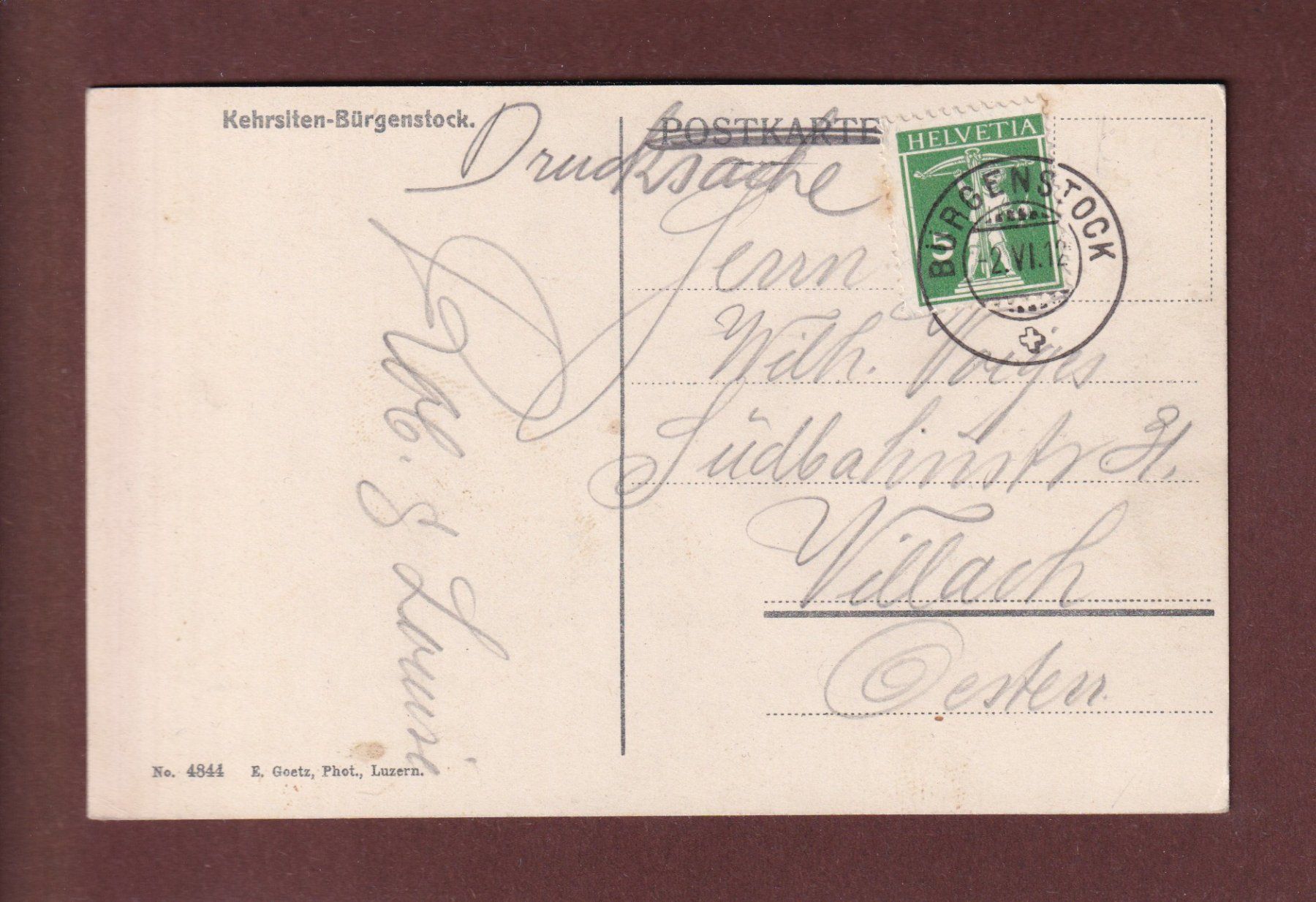 Cartes postales: KEHRSITEN-BÜRGENSTOCK - 1912 – D'occasion à Pully par nicecards-shop 1