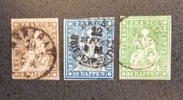 SUISSE 1857–1860: «Strubeli», 3 timbres oblitérés