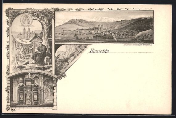 Cartoline postali: AK Einsiedeln, Panorama, Lesender Mönch – Usato da Berlin venduto da bartko-reher