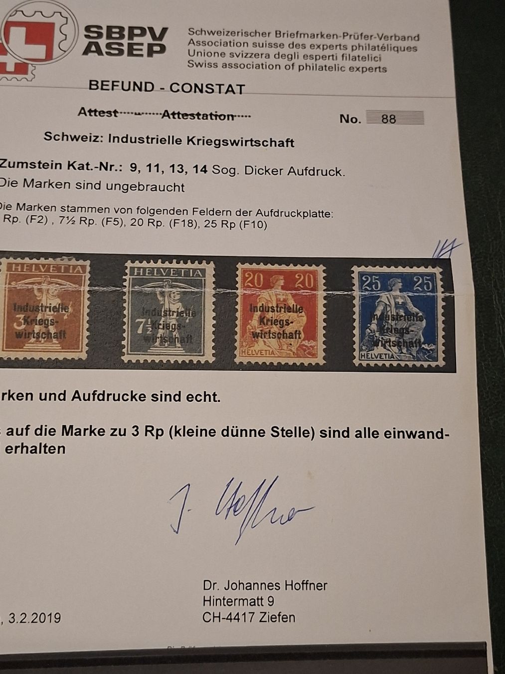 Alle Briefmarken: Industrielle Kriegswirtschaft mit Attest – Gebraucht aus Balgach von SIMEON27