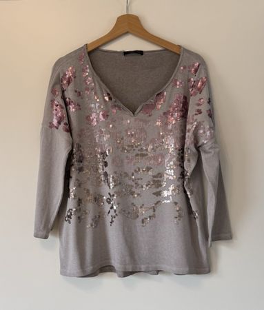 MARGITTES Damen Shirt Gr. 40 Taupe Pailletten Glitzer 