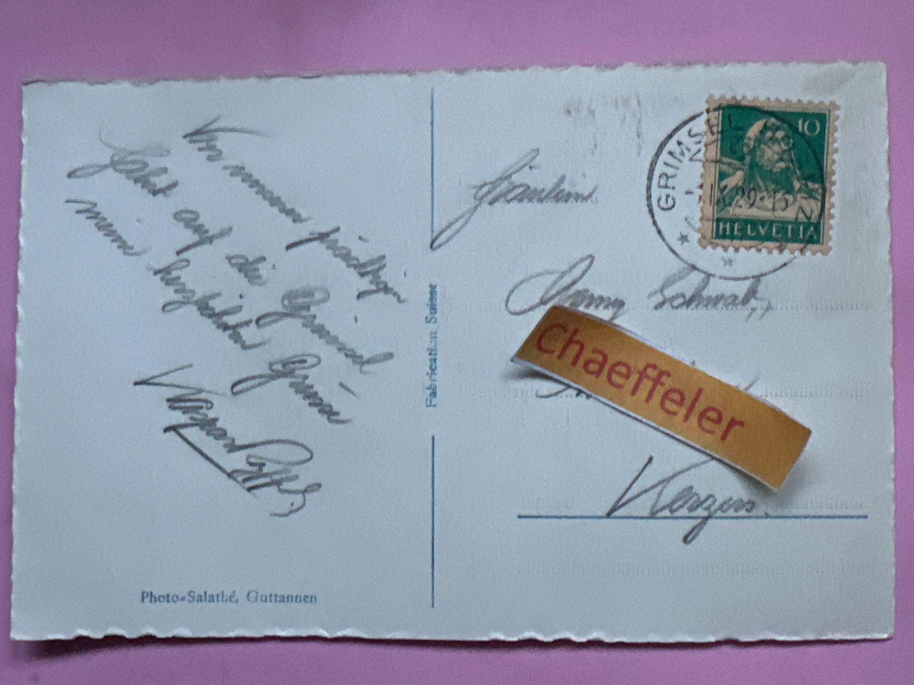 Cartoline postali: 1929 Altes Grimselhodpiz – Usato da Zürich venduto da Chaeffeler 1