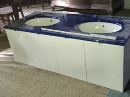 Doppel Lavabo Waschtisch mit Unterschrank, Blau/Weiss