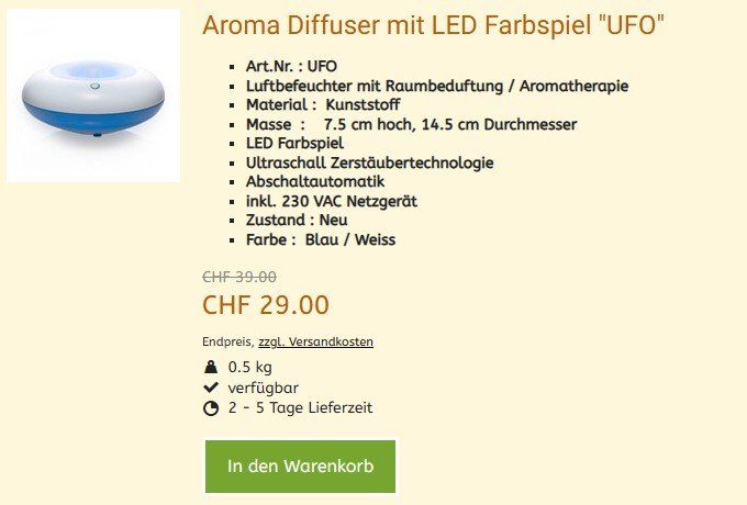 Diffusori di oli essenziali: Ultraschall Aromadiffuser UFO  ,   NEU – Nuovo e nell'imballaggio originale da Hagenbuch ZH venduto da cougar1 1