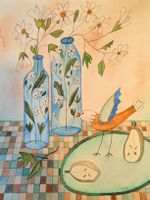 Original Aquarell Fantasie Vogel Birne Blumenvase