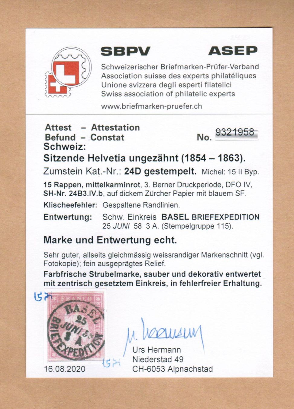Tous les timbres: Strubel 24D - Attest Hermann – D'occasion à Bern par peri02 2