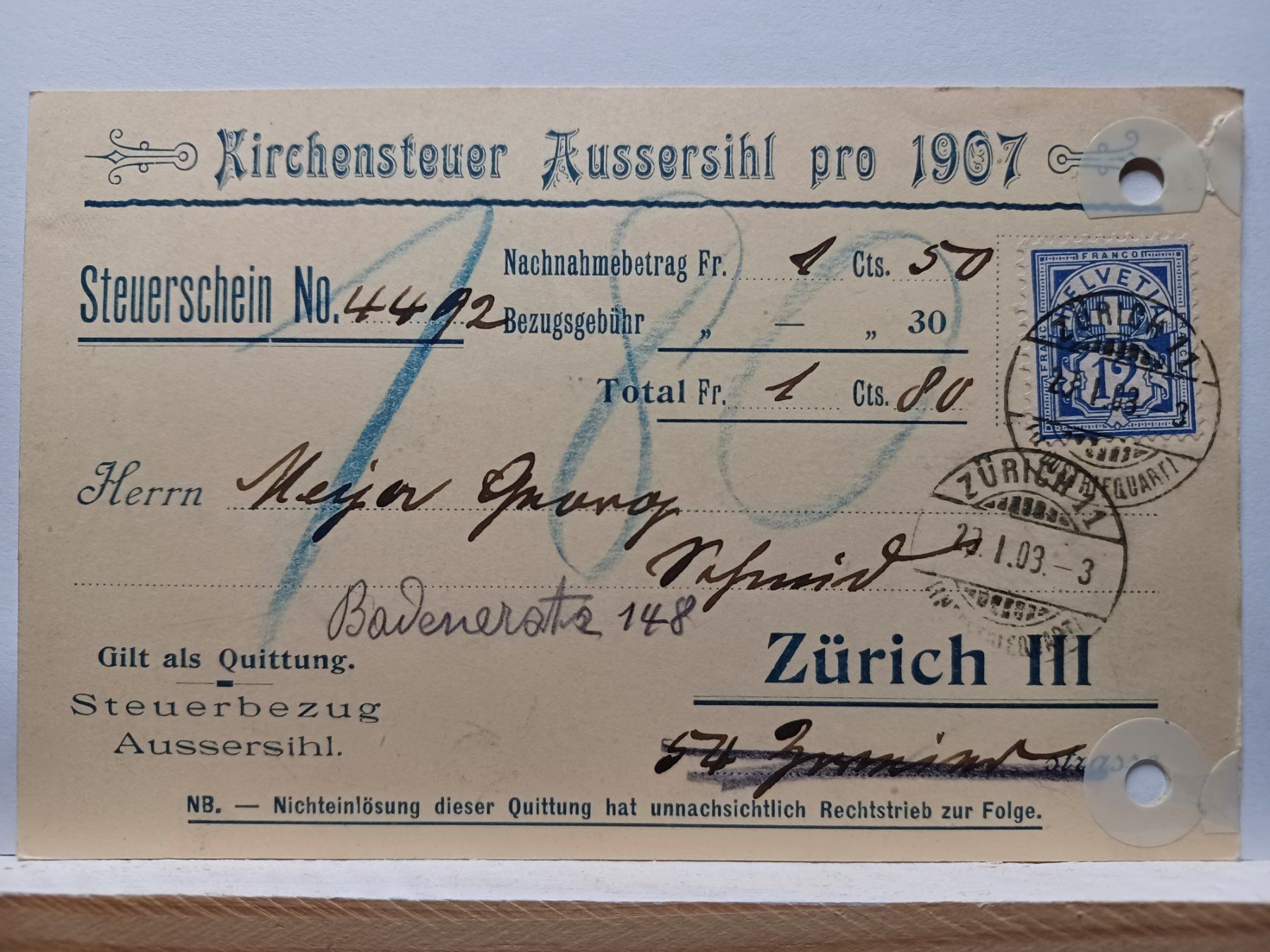 Tutti i francobolli: Kirchensteuer Aussersihl 1907 – Usato da Aarau Rohr venduto da mgvw