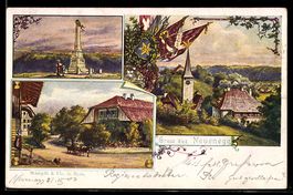 Künstler-AK Neuenegg, Denkmal, Totalansicht, Wappen und Fahn