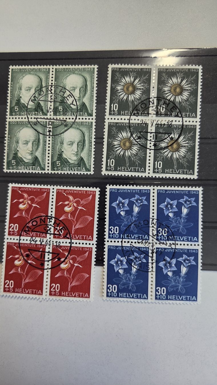 Alle Briefmarken: 1943 Pro Juventute 4er Block gestempelt – Gebraucht aus Arni AG von Moth68