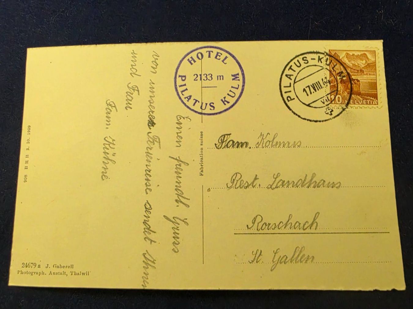 Cartoline postali: Pilatuskulm 1944 – Usato da Wald AR venduto da Bwaldy 1