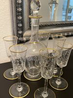 Kristall Karaffe mit 6 Schnaps Becher Handarbeit verziert.