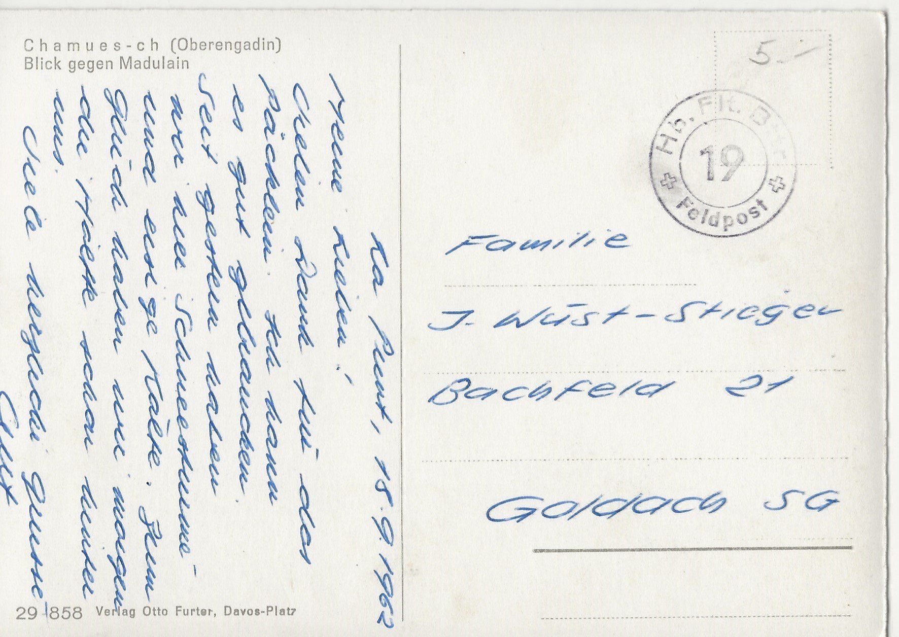 Cartoline postali: Chamues-ch,Oberengadin,Madulain,1962 – Usato da Frauenfeld venduto da Merk52 1