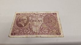 Italien 5 Lire Banknote, Klassiker für Sammler, Top!1944
