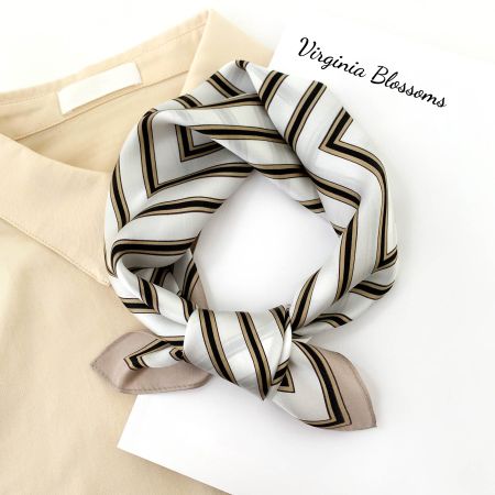 New 53cm White Silk Scarf Stripes Lines Virginia Blossoms