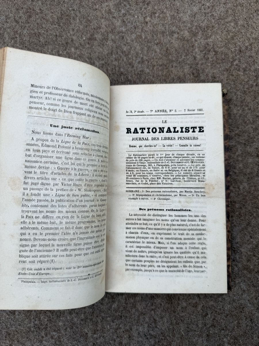 Libri: Le Rationaliste Journal des Libres Penseurs 1867-1868 – Usato da Fribourg venduto da Ardoffel 4