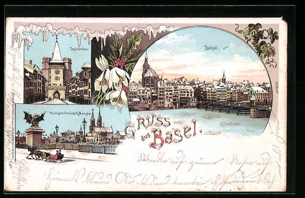 Ansichtskarten: Winter-Lithographie Basel, Spalenthor, W – Gebraucht aus Berlin von bartko-reher