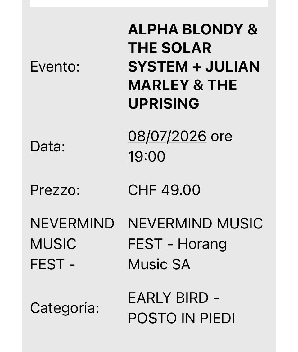 Biglietti: Verkaufe 1 Alpha Blondy Ticket 08.07.2026 – Nuovo (secondo la descrizione) da Zürich venduto da naima89