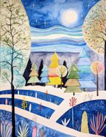 Original Aquarell Winter Wunderland naive Kunst gemalt