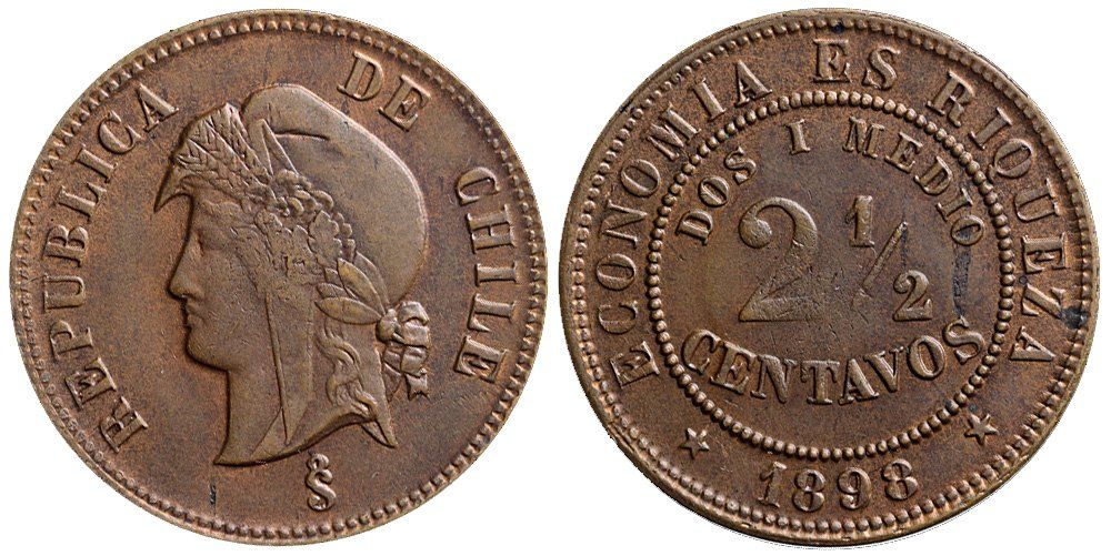 Tutti le monete: Chile, 2 1/2 Centavos 1898 – Usato da Chiasso venduto da Novamarketing