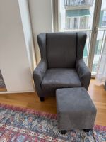Grey Wingback Armchair with Ottoman, Cozy & Stylish!