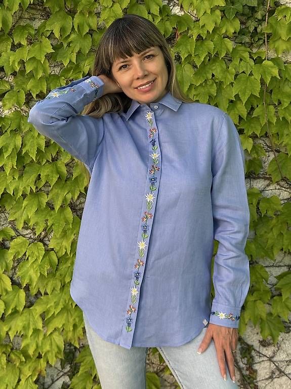 Camicette: Damen Leinenhemd Edelweiss Blau – Usato da Thalwil venduto da han_2b8c 3