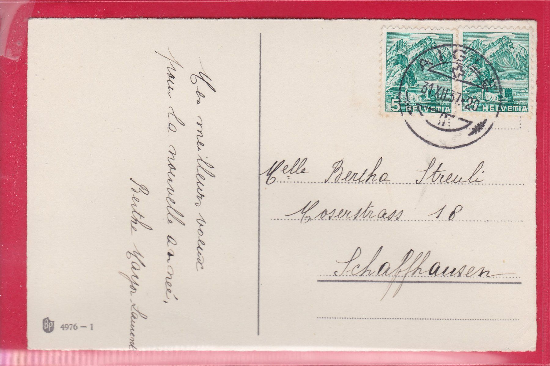 Cartoline postali: BONNE ANNÉE, 31.12.1937 – Usato da Oberrieden venduto da Gebirgsstelze 1