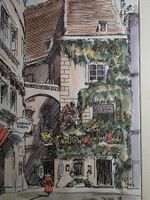 colorierte Zeichnung 1983 Stadt Szene Wien Griechenbeisl