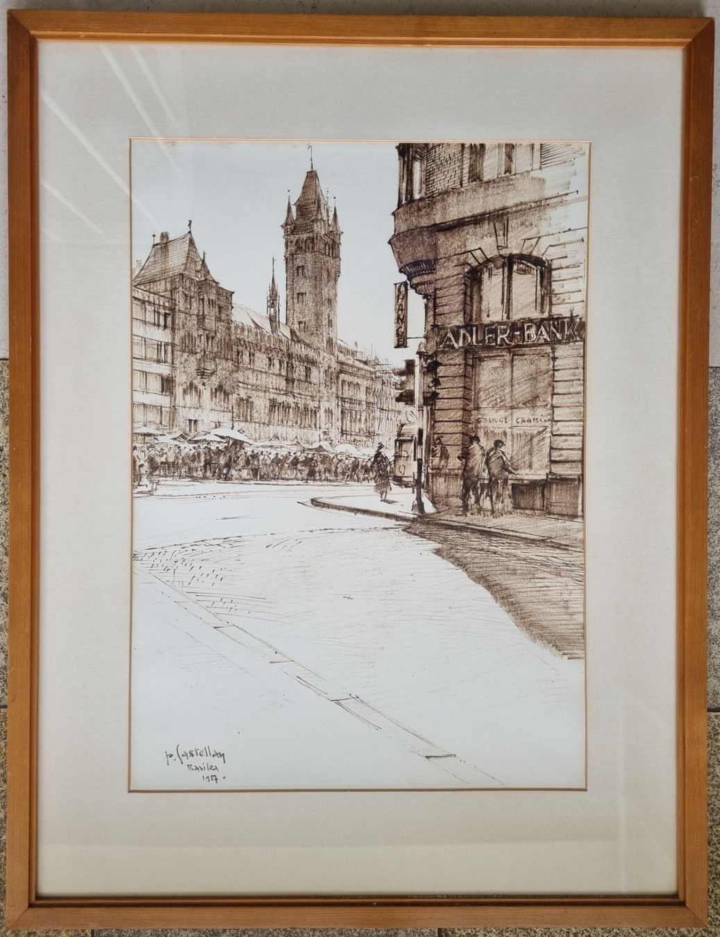 Dipinti: Paride Castellan: Marktplatz Basel 1957, grosse Tuschezeichn – Usato da Basel venduto da Roberto002