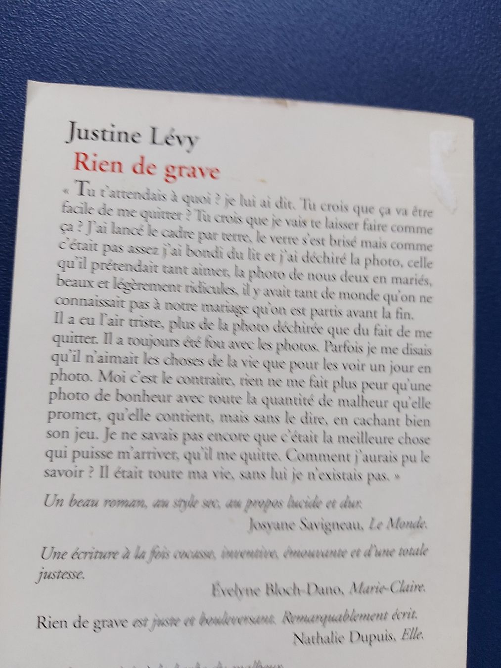 Livres: Rien de Grave - Justine Levy - Roman – D'occasion à VUADENS par momy 2