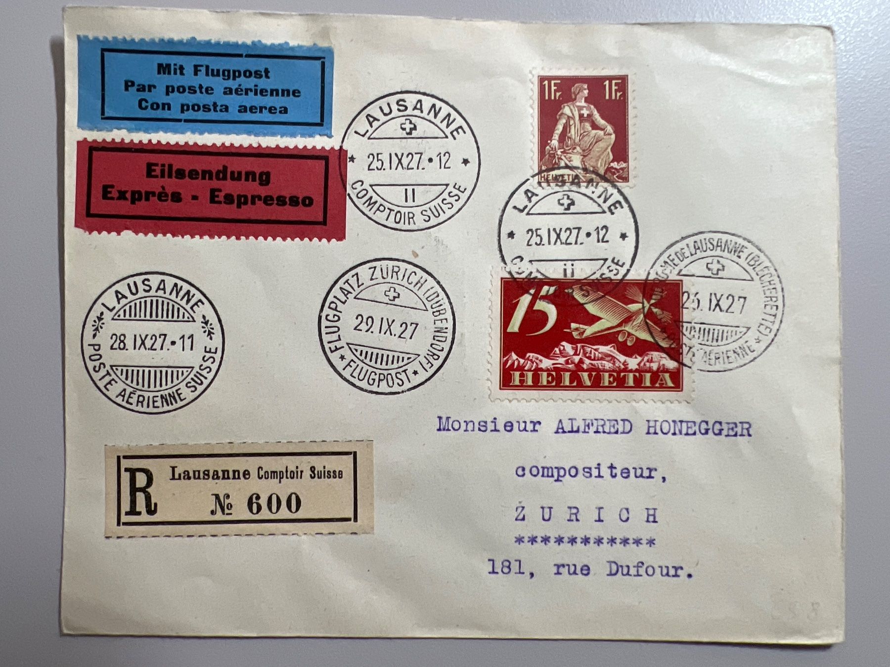 Tutti i francobolli: Flugpostbrief Comptair Lausanne 1927 CS8 – Usato da Buchrain venduto da wmm
