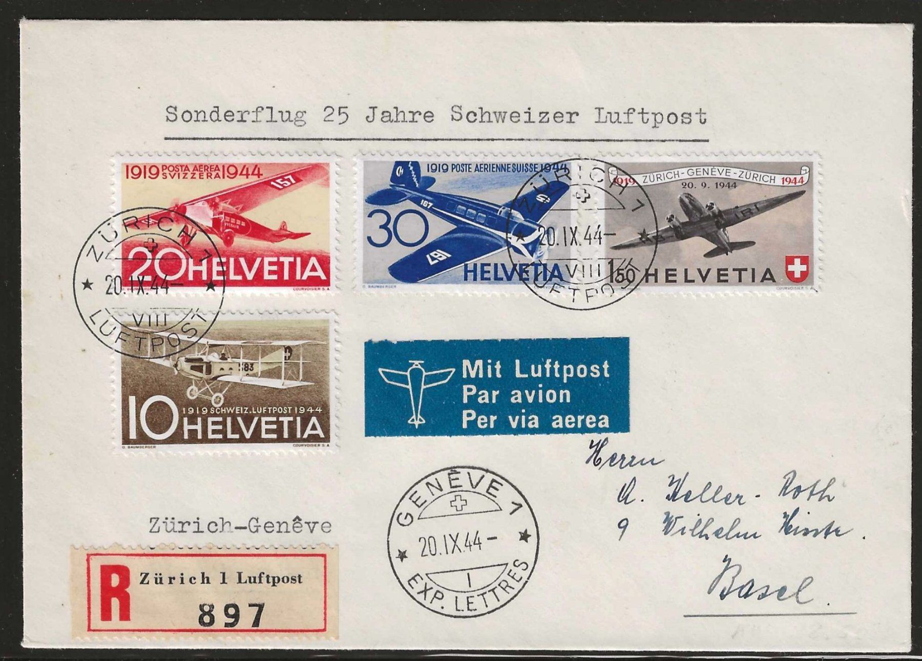 Tutti i francobolli: 1944 : Sonderflug 25 Jahre CH Flugpost – Usato da Gümligen venduto da Geniusbuy